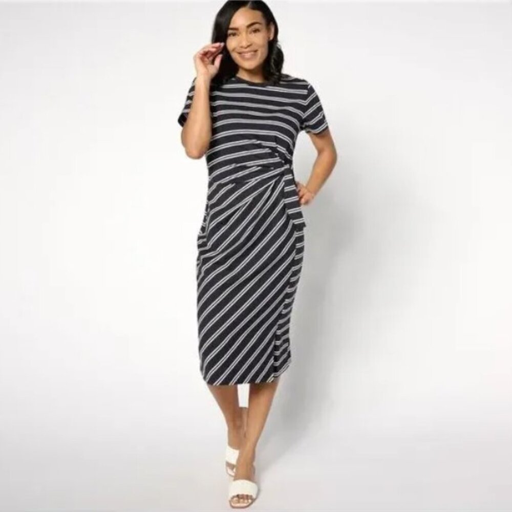 AnyBody Regular Tossed Stripe Cotton Knit Midi Dress - Black - Large
